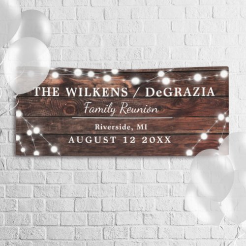 Modern Rustic String Lights Wood Family Reunion Banner