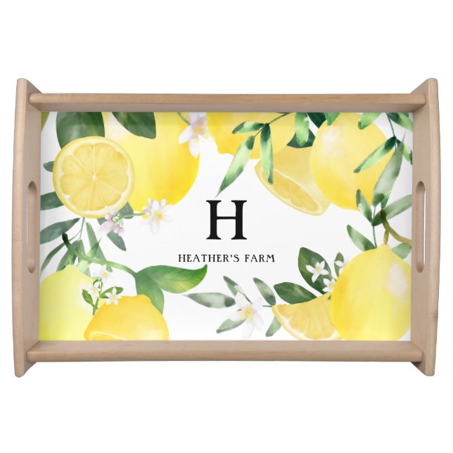 Modern Rustic Summer Lemon Yellow Monogrammed Serving Tray (Front)