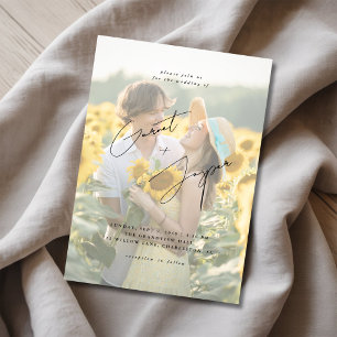 Modern Rustic Sunflower Fun Overlay Photo Wedding Invitation