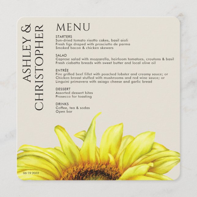 Modern Rustic Sunflower Wedding Menu (Front)