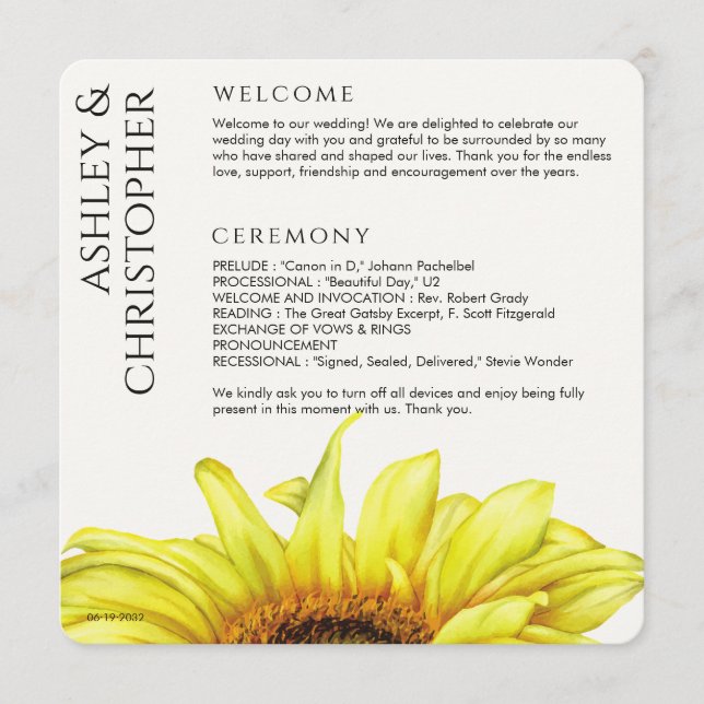 Modern Rustic Sunflower Wedding Program (Front)