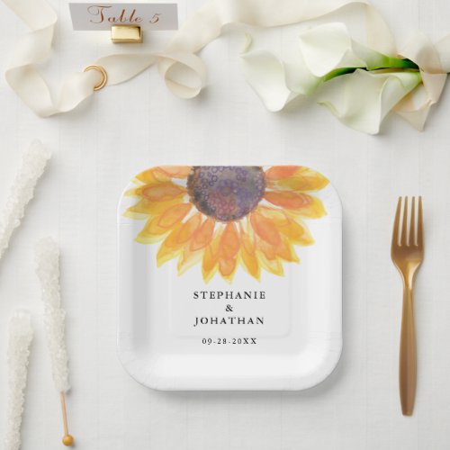 Modern Rustic Sunflower Wedding Square Paper Plate