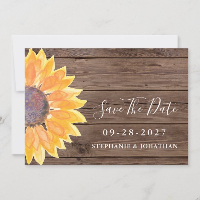 Modern Rustic Sunflower Wood Save The Date  (Front)