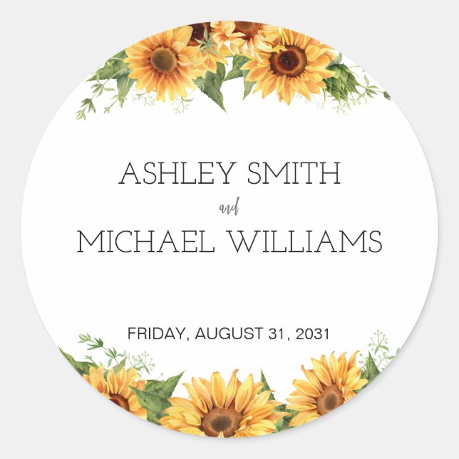 Modern Rustic Sunflower Yellow Wedding Classic Round Sticker (Front)