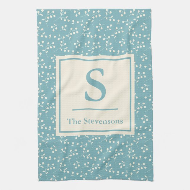 Modern Rustic Teal Blue Floral Family Monogram  Kitchen Towel (Vertical)