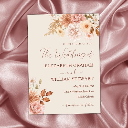 Modern Rustic Terracotta Boho Fall Foliage Wedding Invitation