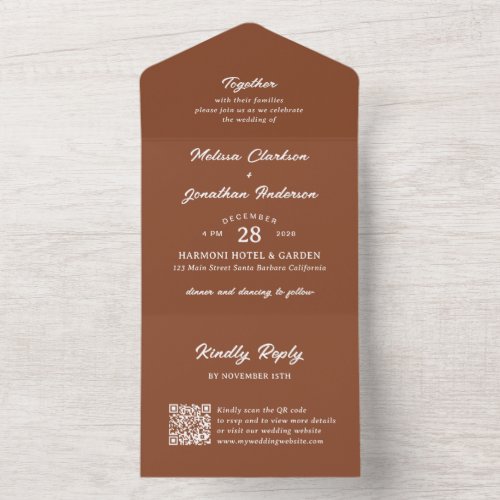 Modern Rustic Terracotta Script QR code Wedding All In One Invitation
