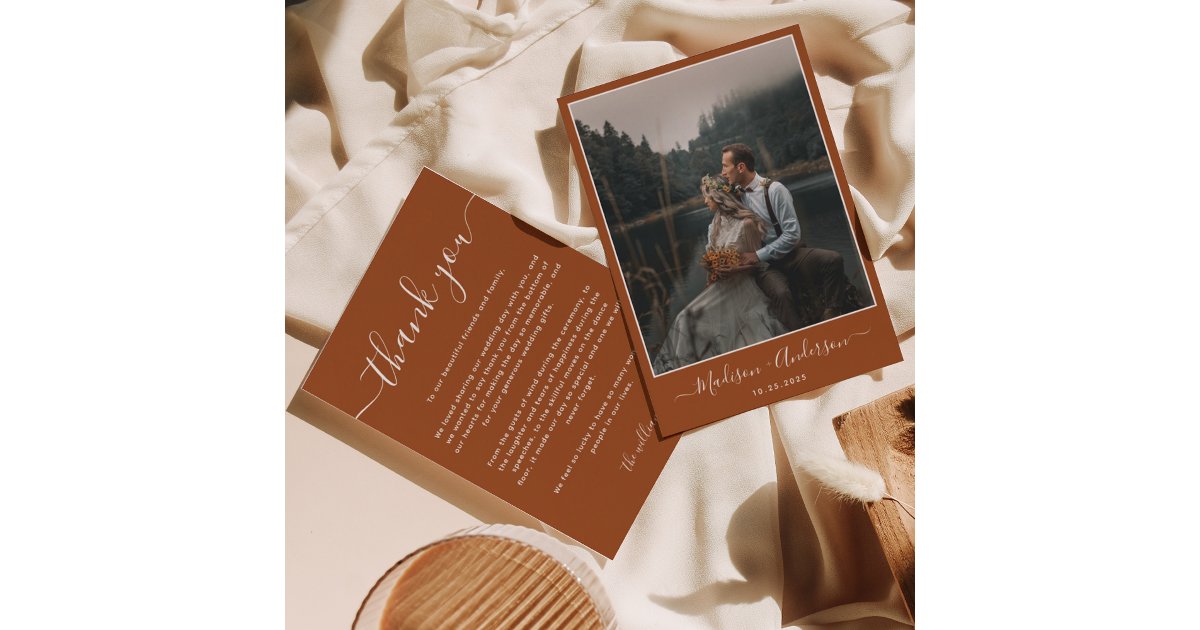 Modern Rustic Terracotta with Two Photo Wedding Thank You Card | Zazzle