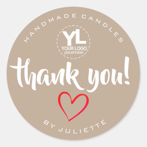 Modern Rustic Thank You Red Heart Natural Brown Classic Round Sticker