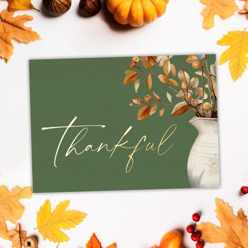Modern Rustic Thanksgiving Olive Green Thankful Foil Holiday Card