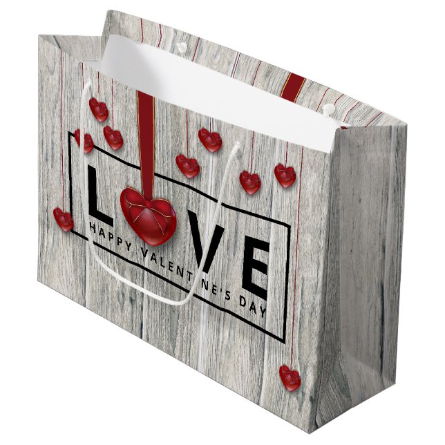 Modern Rustic Valentine's Day LOVE Wood Red Hearts Large Gift Bag (Front Angled)