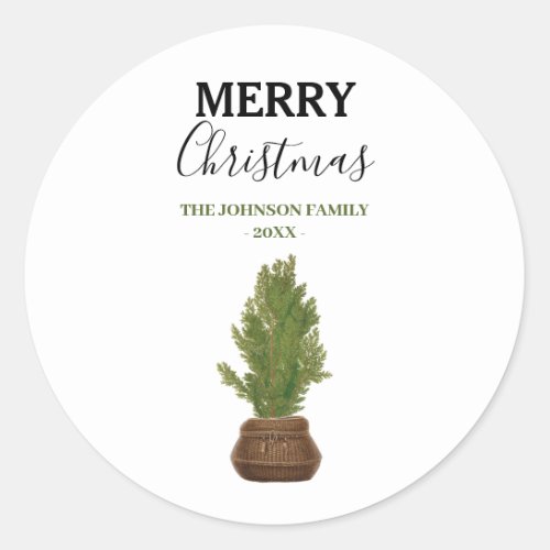Modern Rustic Watercolor Christmas Tree Holiday Classic Round Sticker