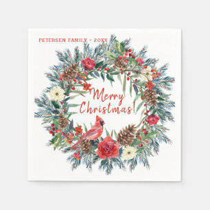Modern rustic watercolor floral Merry Christmas Napkins