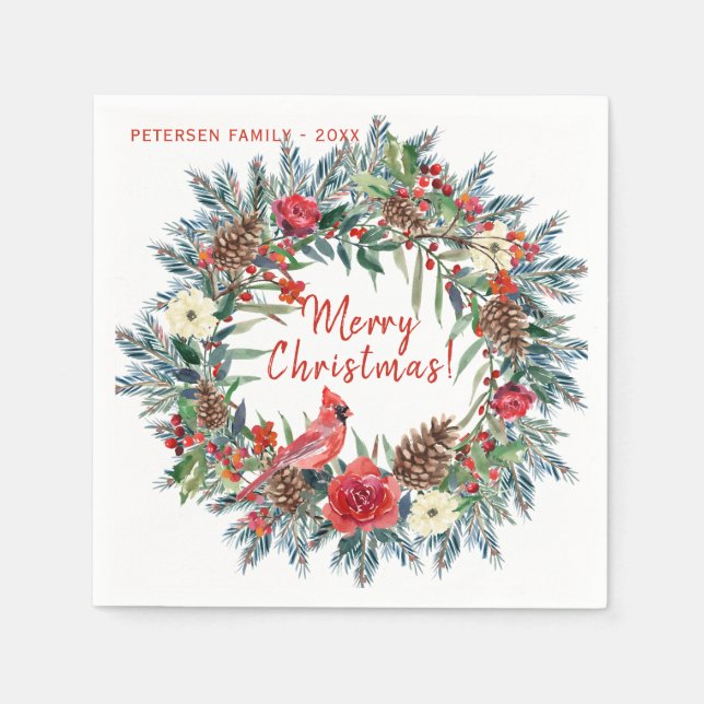 Modern rustic watercolor floral Merry Christmas Napkins (Front)