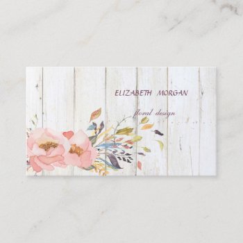 Modern Rustic Watercolor Floral Wood Texture Business Card by Biglibigli at Zazzle