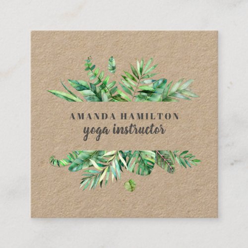 Modern RUSTIC Watercolor tropical green foliage Square Business Card
