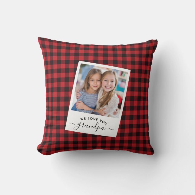 Modern Rustic We love you Grandpa Red Plaid Photo Throw Pillow (Front)