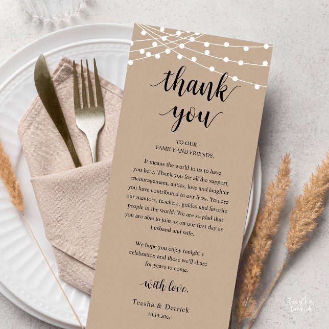 Modern Rustic Wedding Dinner Thank You Card (Modern Rustic Wedding Dinner Thank You Card Reception Reception String Lights Brown Kraft)