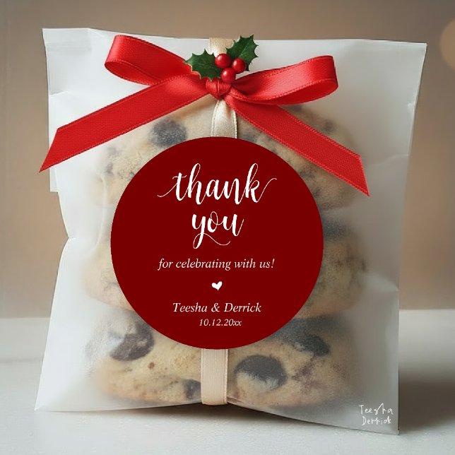 Modern Rustic Wedding Dinner Thank You Gifts  Classic Round Sticker (Modern Rustic Wedding Dinner Thank You Gifts Classic Round Sticker cute heart Burgundy Deep Red Wine)