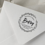 Modern Rustic Wedding Names Return Address Self-inking Stamp<br><div class="desc">Add a personal touch to your envelopes, gift tags, packages, and more with this beautiful circular return address stamp design. Featuring a hand-drawn botanical wreath with the couple's names in elegantly curved text and their surname showcased in modern brushed script lettering. Below, the home address is printed in simple typography,...</div>