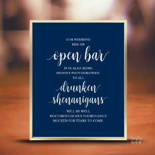 Modern Rustic Wedding Open Bar Drunken Shenanigans Poster
