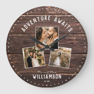 Modern Rustic Wedding Photo Collage Keepsake Large Clock
