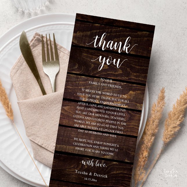 Modern Rustic Wedding Reception Thank You Card (Modern Rustic Wedding Dinner Thank You Card Reception Lunch Brunch Reception in Cottage Dark Wood)