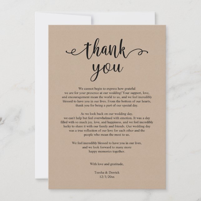 Modern Rustic Wedding Thank you, Brown Kraft Card (Front)