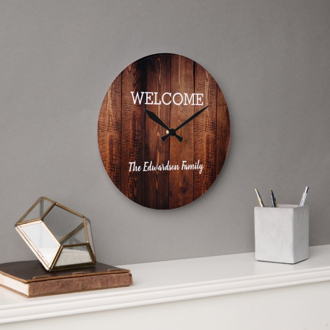Modern rustic welcome Family name dark wood Large Clock (Office)