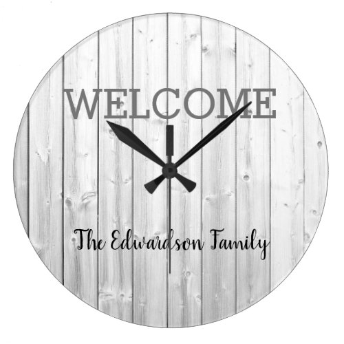 Modern rustic welcome Family name gray shiplap Large Clock