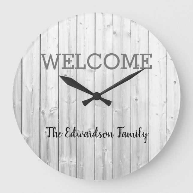 Modern rustic welcome Family name gray shiplap Large Clock (Front)
