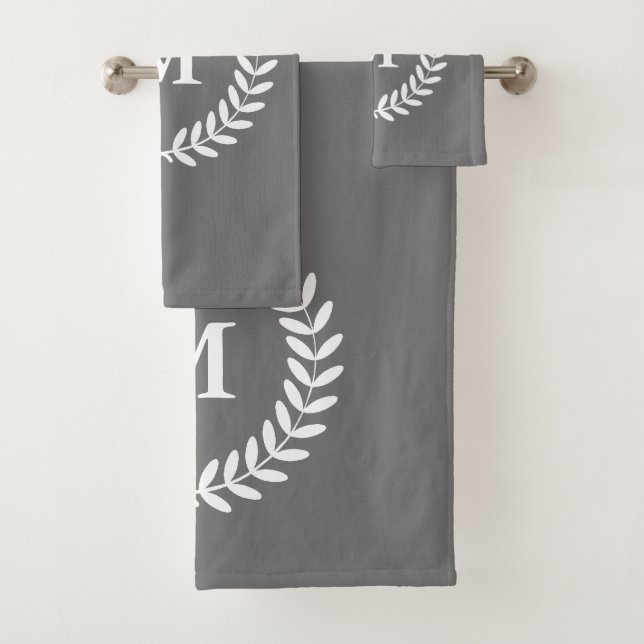 Modern Rustic White Classy Laurels & Gray Bath Towel Set (Insitu)