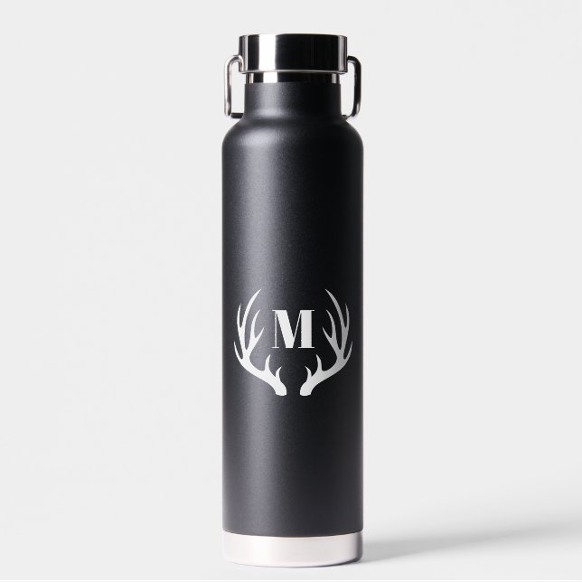 Modern Rustic White Deer Antlers | Monogram Water Bottle (Front)