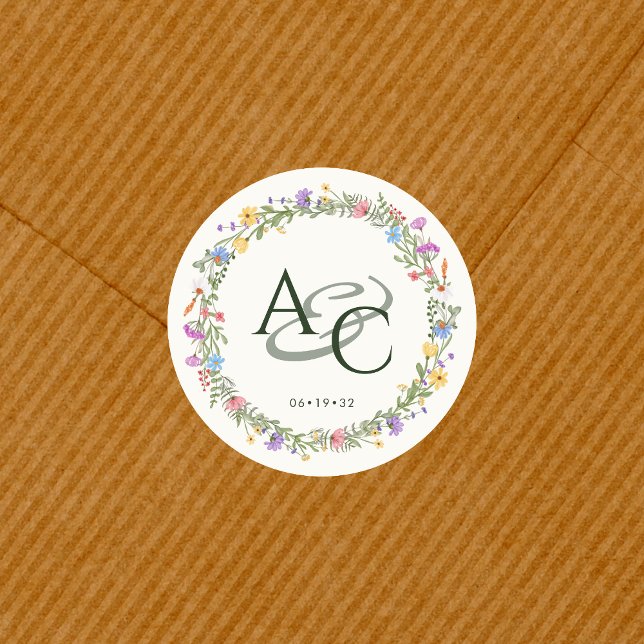 Modern Rustic Wildflower Monogram Wedding Classic Round Sticker (Creator Uploaded)