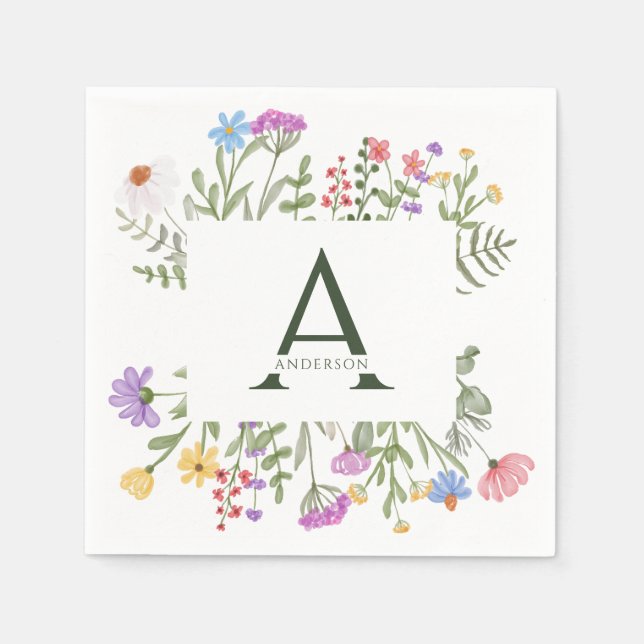 Modern Rustic Wildflower Monogram Wedding Napkins (Front)