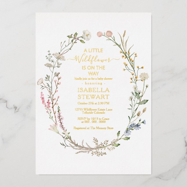Modern Rustic Wildflower Spring Baby Shower Foil Invitation (Front)