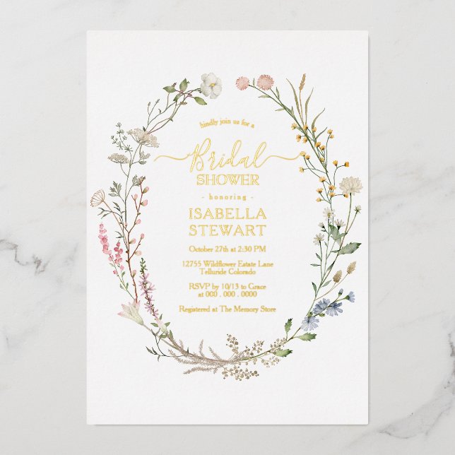 Modern Rustic Wildflower Spring Bridal Shower Foil Invitation (Front)