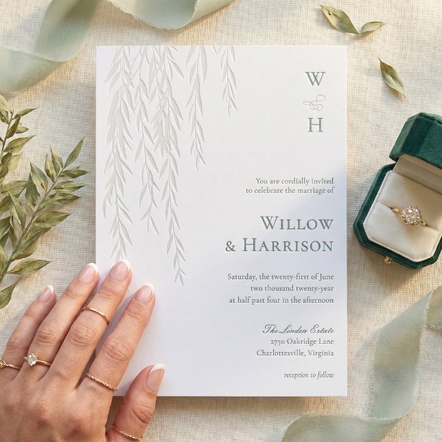 Modern Rustic Willow Tree Foliage Monogram Wedding Letterpress Invitation (Modern Rustic Willow Tree Foliage Monogram Wedding Letterpress Invitation)