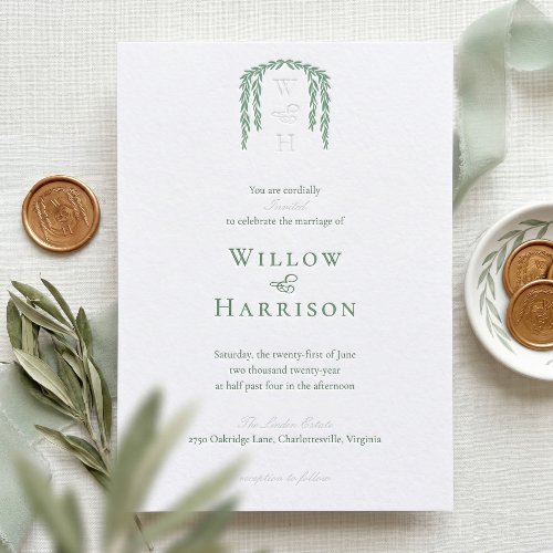 Modern Rustic Willow Tree Foliage Monogram Wedding Letterpress Invitation