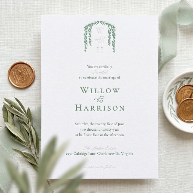 Modern Rustic Willow Tree Foliage Monogram Wedding Letterpress Invitation (Modern Rustic Willow Tree Foliage Monogram Wedding Letterpress Invitation)