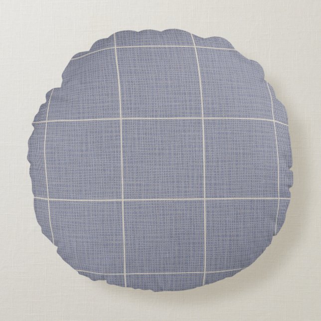 Modern Rustic Windowpane Plaid Linen Blue Round Pillow (Front)