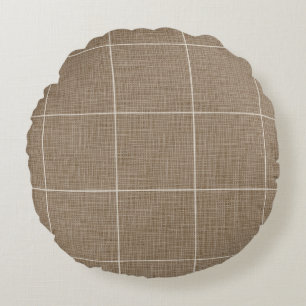 Modern Rustic Windowpane Plaid Linen Brown Round Pillow