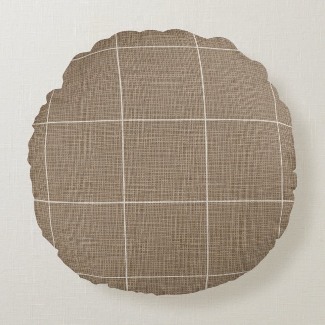 Modern Rustic Windowpane Plaid Linen Brown Round Pillow (Front)