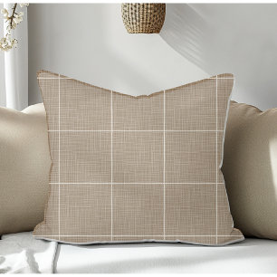 Modern Rustic Windowpane Plaid Linen Brown Throw Pillow