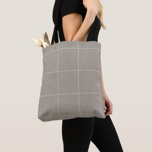 Modern Rustic Windowpane Plaid Linen Gray Tote Bag (Close Up)