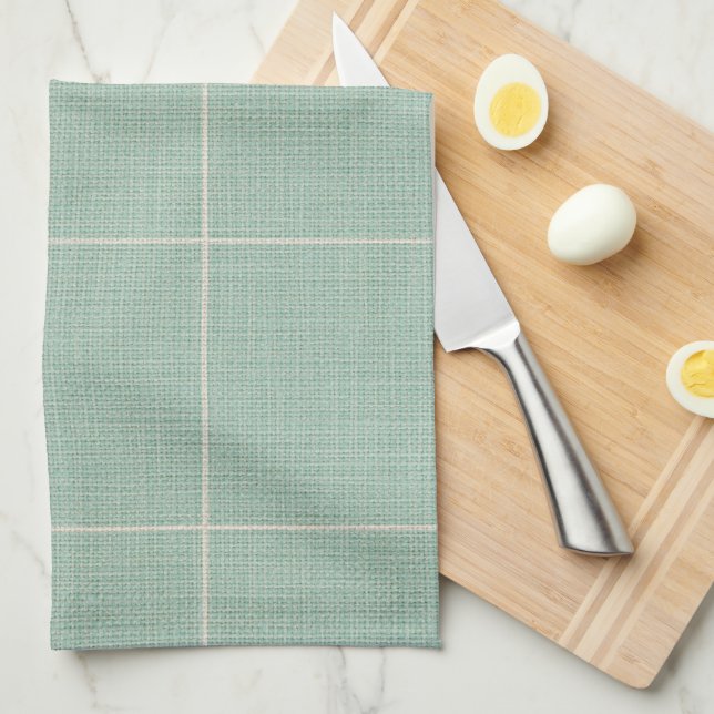 Modern Rustic Windowpane Plaid Linen Light Teal Kitchen Towel (Quarter Fold)