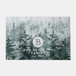 Modern Rustic Winter Green Forest Family Monogram Doormat