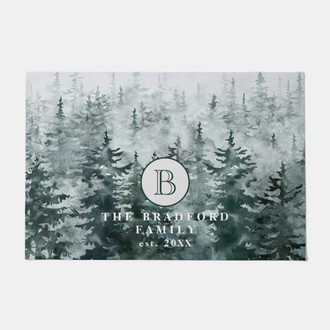 Modern Rustic Winter Green Forest Family Monogram Doormat (Front)