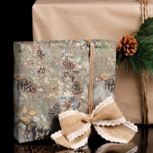 Modern Rustic Winter Pine Cone Boho Christmas Wrapping Paper