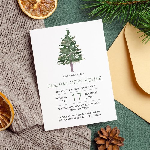 Modern rustic winter pine tree holiday open house invitation